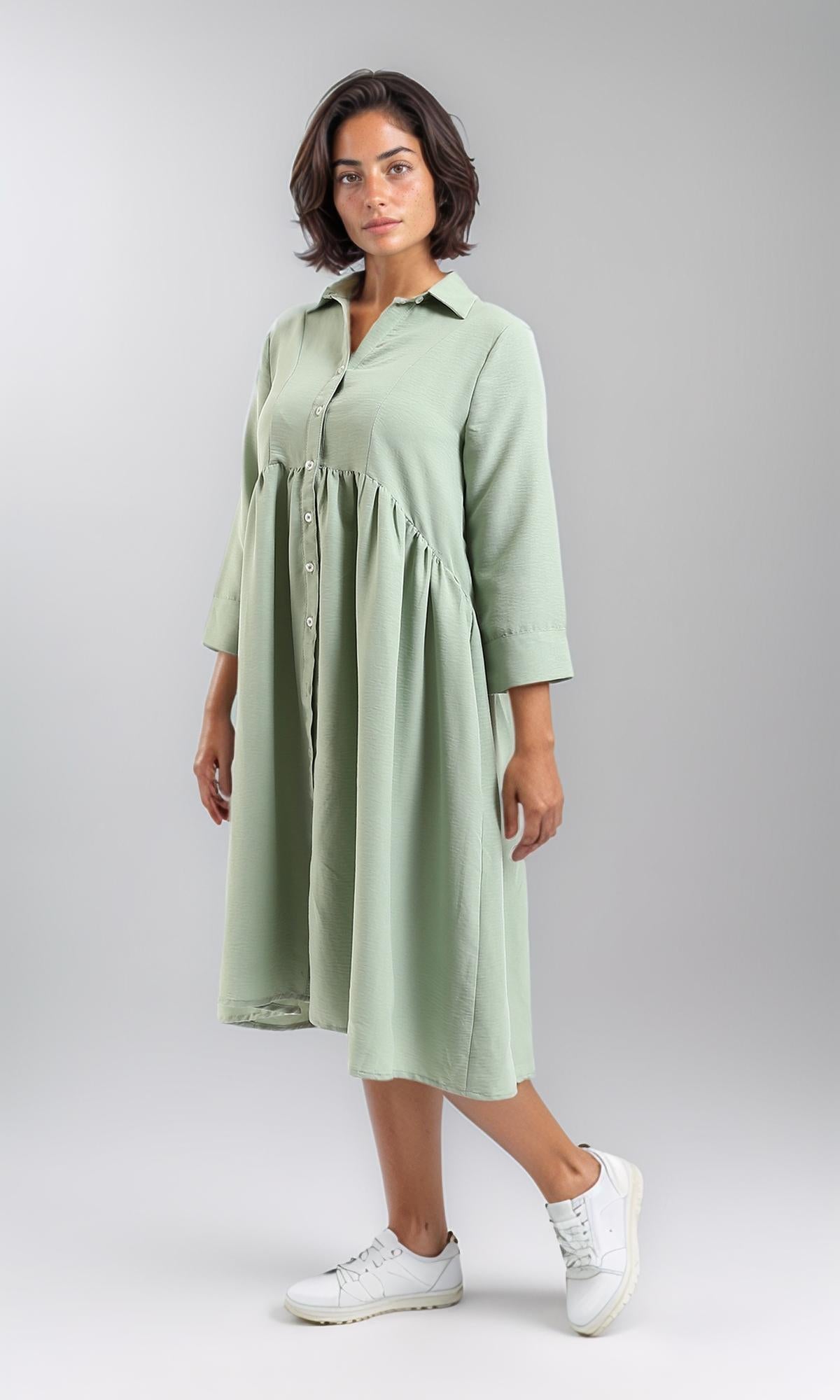 R208473-فستان صيفي بأكمام 3/4 وأزرار - أخضر نعناعي داكن