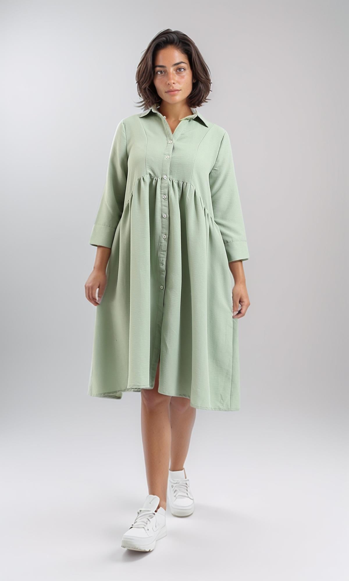 R208473-3/4 Sleeves Summer Buttoned Dress - Dark Mint Green