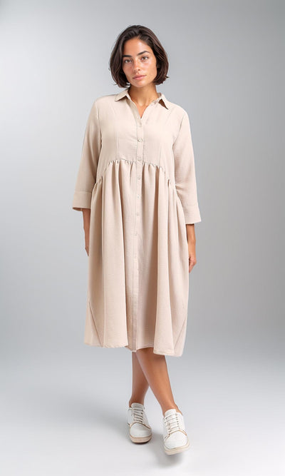 3/4 Sleeves Summer Buttoned Dress - Dark Beige