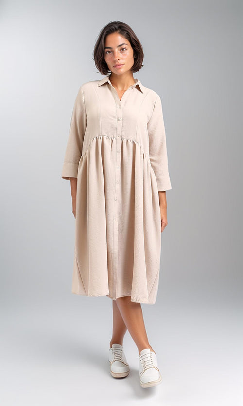 R208474-3/4 Sleeves Summer Buttoned Dress - Dark Beige