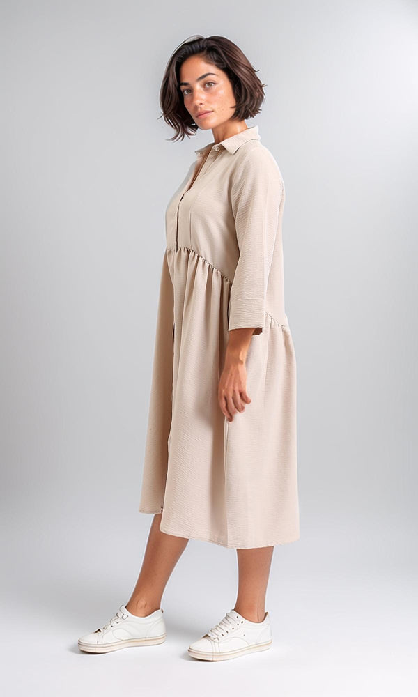 R208474-3/4 Sleeves Summer Buttoned Dress - Dark Beige