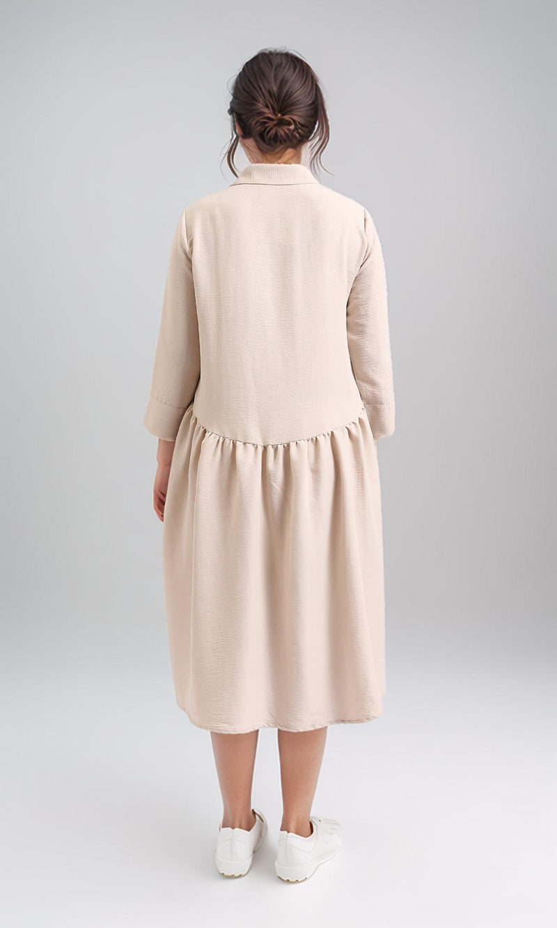 R208474-3/4 Sleeves Summer Buttoned Dress - Dark Beige