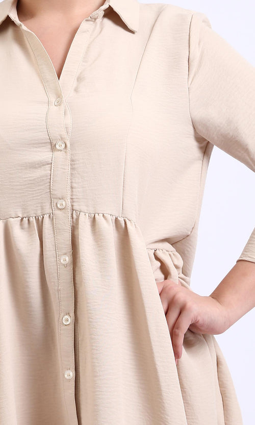 R208474-3/4 Sleeves Summer Buttoned Dress - Dark Beige