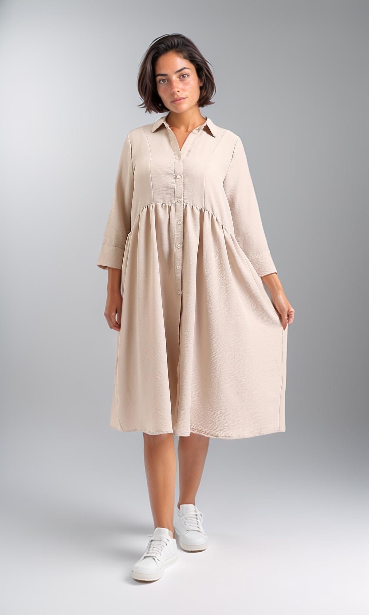 R208474-3/4 Sleeves Summer Buttoned Dress - Dark Beige