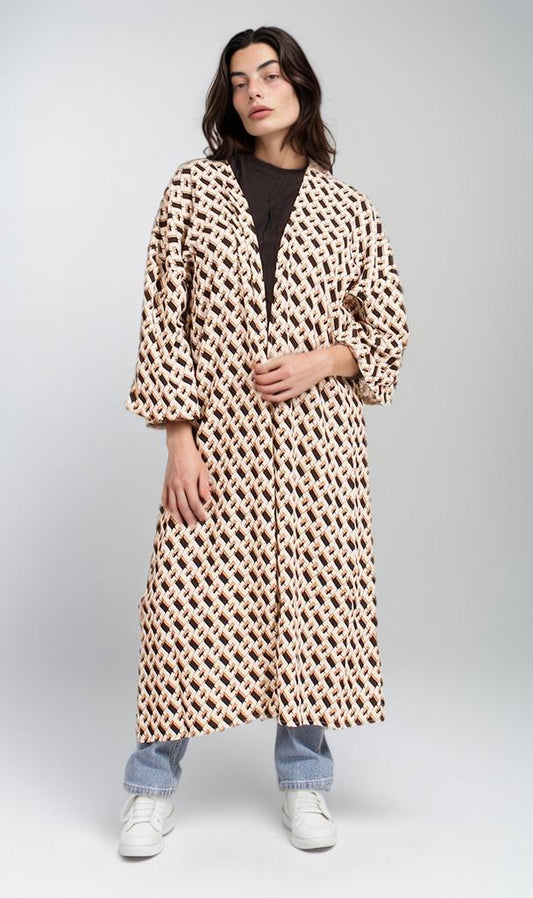 R208475 - Printed Linen Kimono - Beige Geometric Pattern