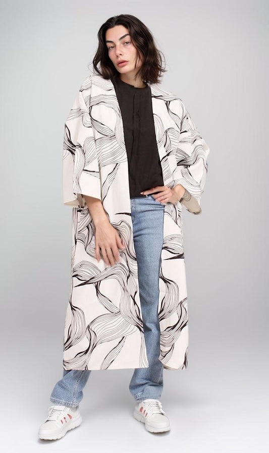 R208476 - Rozalin Printed Kimono - Black & White Abstract