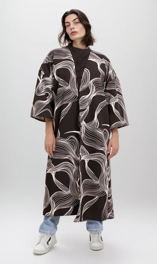 R208477 - Printed Rozalin Kimono - Black & White Abstract