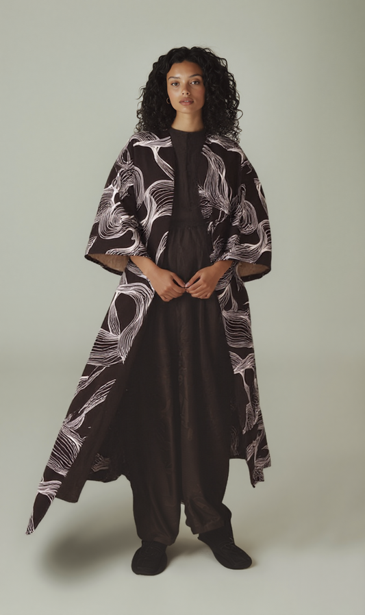 R208477 - Printed Rozalin Kimono - Black & White Abstract