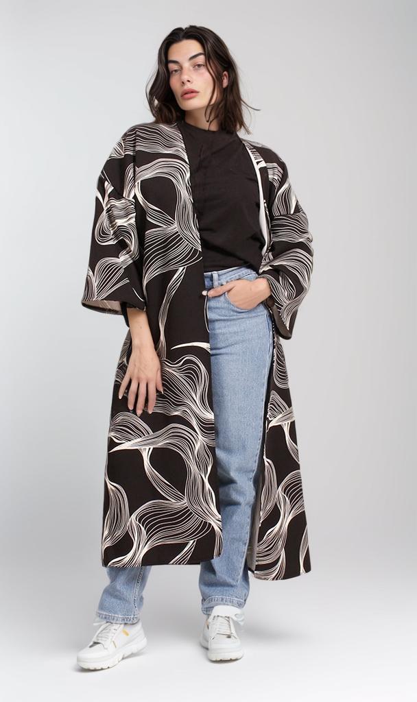 R208477 - Printed Rozalin Kimono - Black & White Abstract