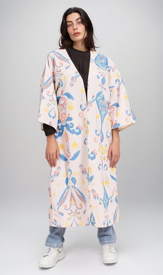 R208479 - Printed Linen Kimono - Moroccan Blue & Beige