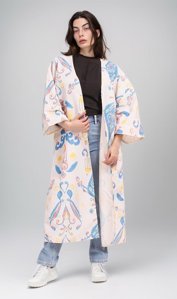 R208479 - Printed Linen Kimono - Moroccan Blue & Beige