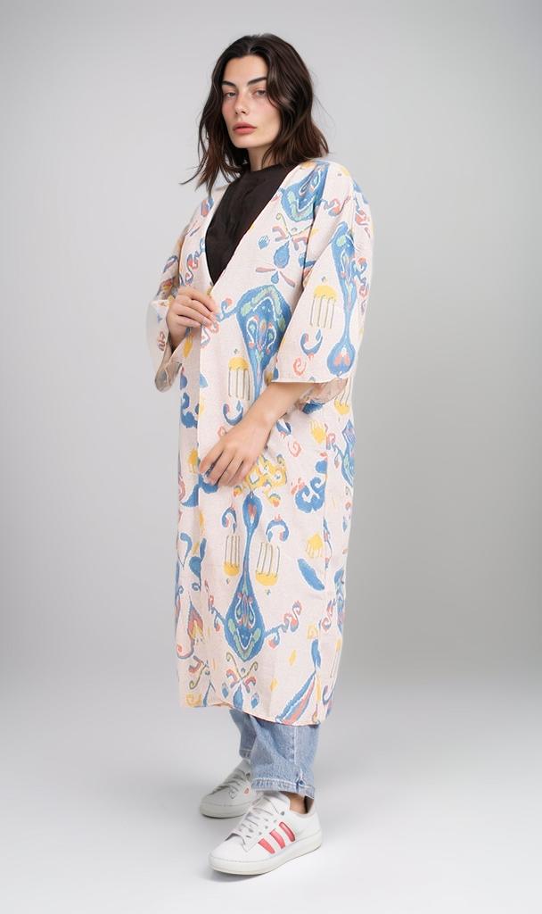 R208479 - Printed Linen Kimono - Moroccan Blue & Beige