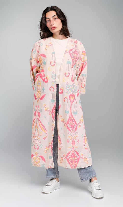 R208480 - Printed Linen Kimono - Pastel Moroccan Pattern