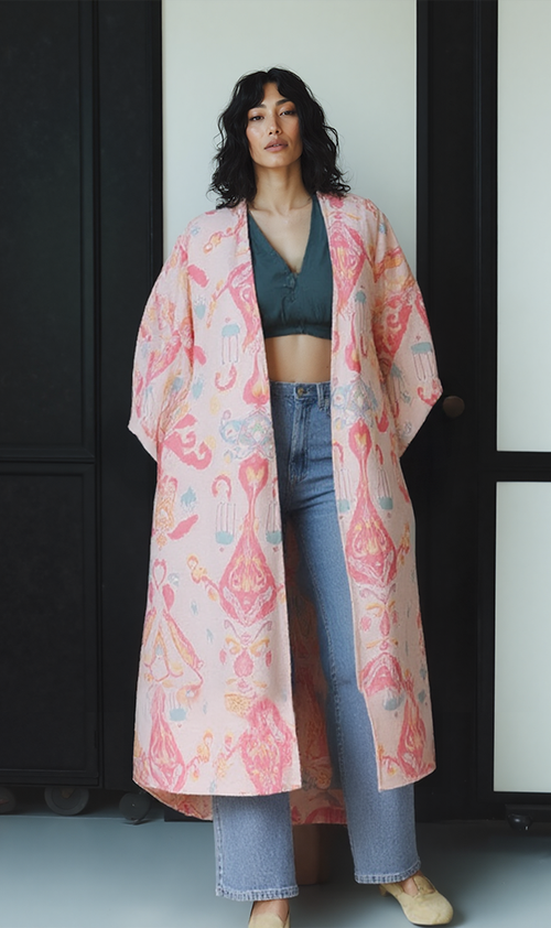 Printed Linen Kimono - Pastel Moroccan Pattern