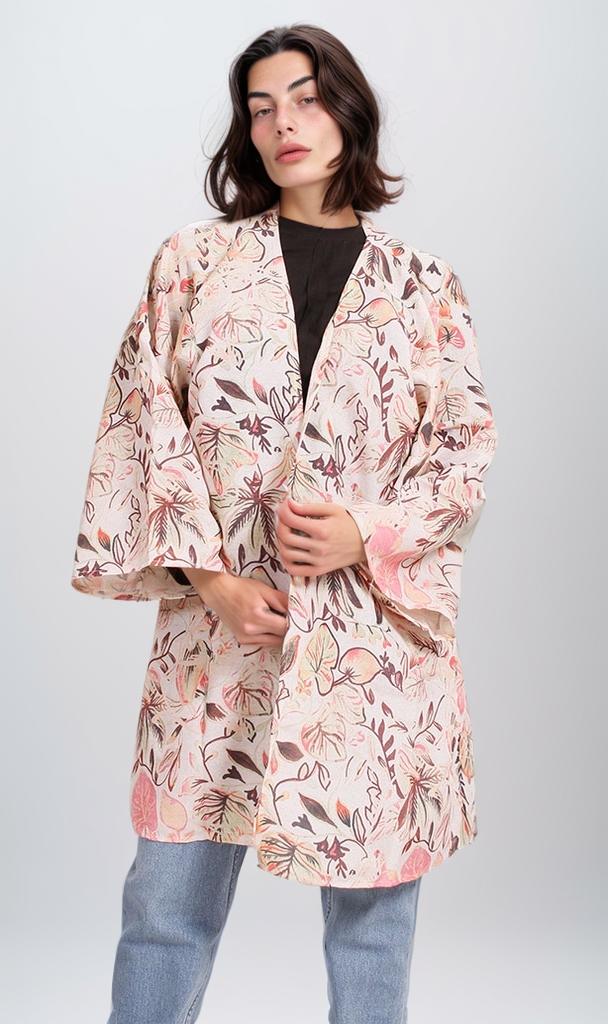 R208481 - Printed Linen Kimono - Floral Beige