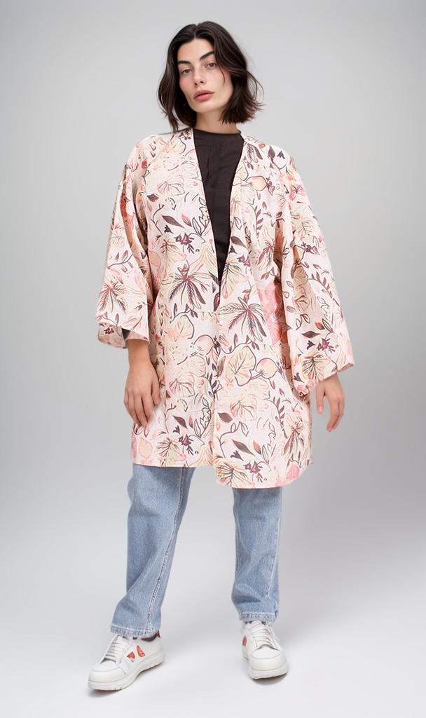 R208481 - Printed Linen Kimono - Floral Beige