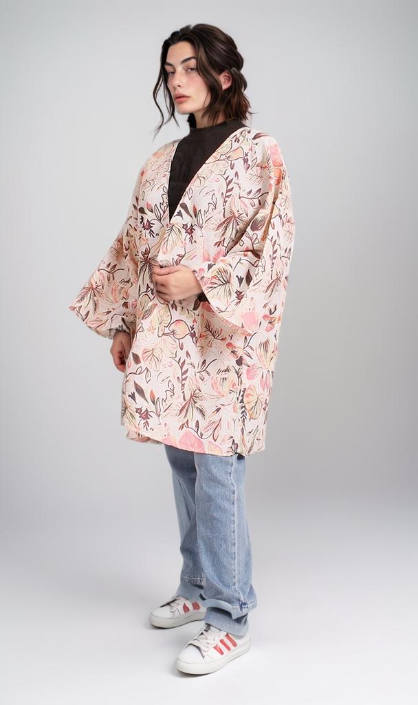 R208481 - Printed Linen Kimono - Floral Beige