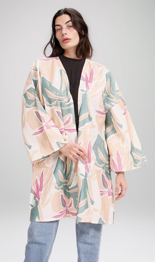 R208482 - Printed Linen Look Kimono - Beige Tropical Print