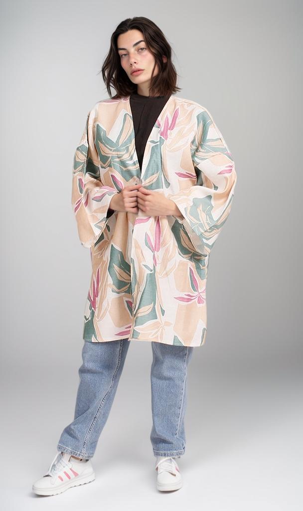 R208482 - Printed Linen Look Kimono - Beige Tropical Print