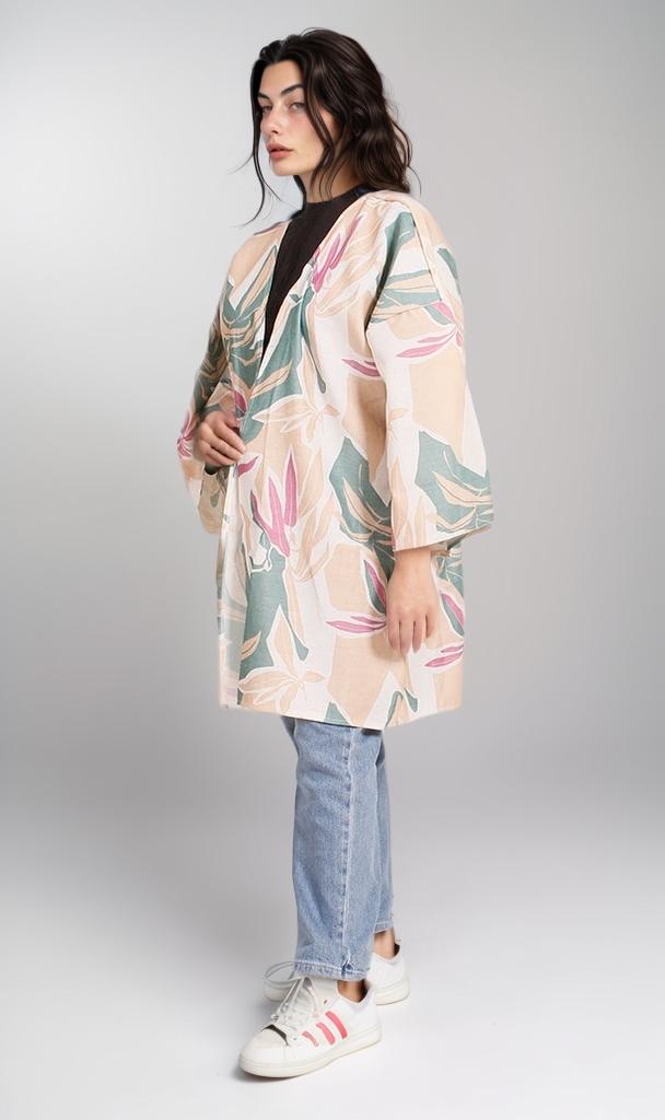 R208482 - Printed Linen Look Kimono - Beige Tropical Print