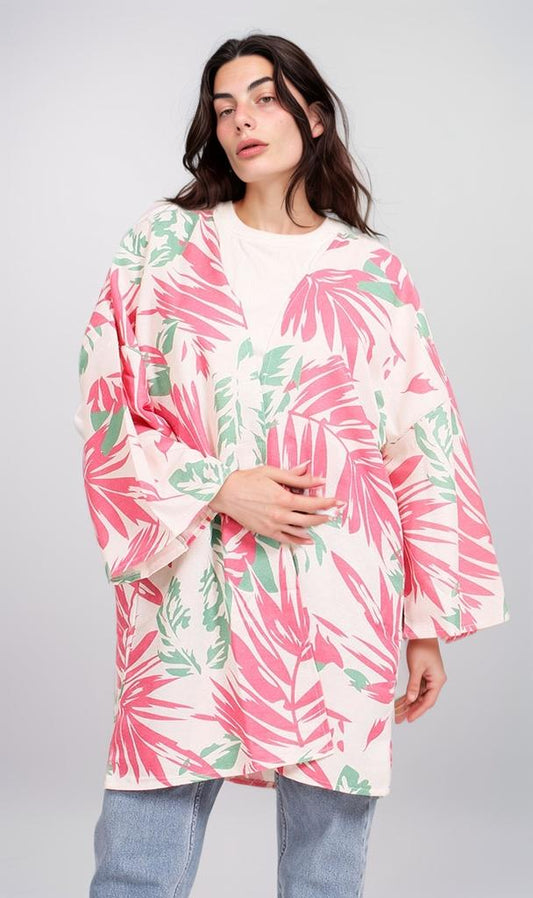 R208483 - Floral Printed Linen Kimono - Pink & Green