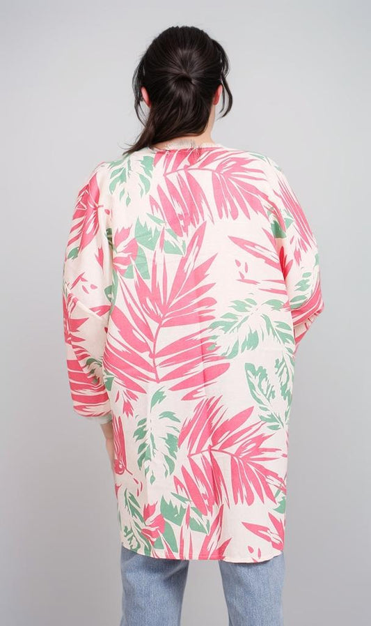 R208483 - Floral Printed Linen Kimono - Pink & Green