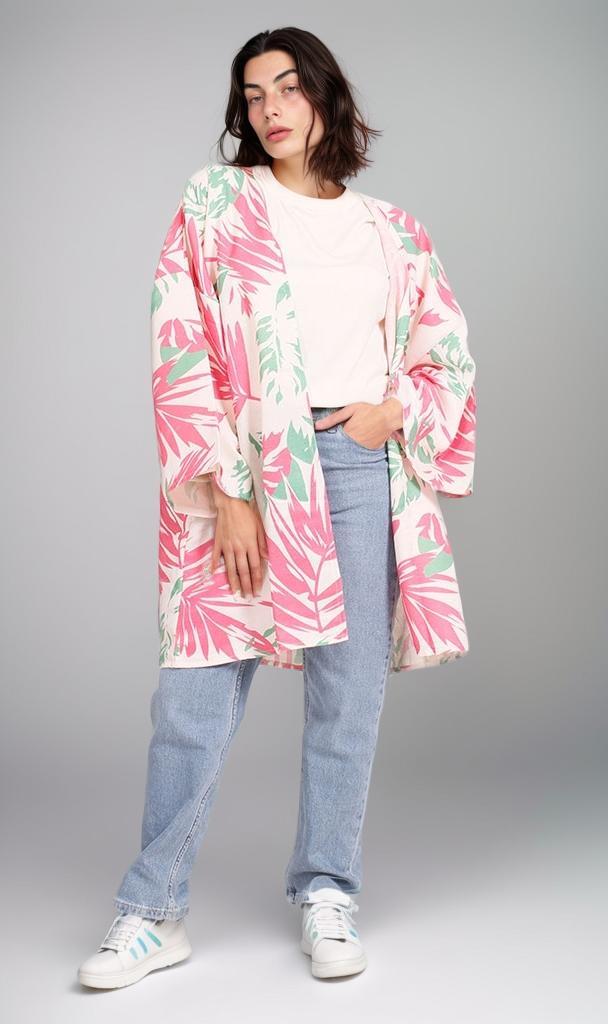 R208483 - Floral Printed Linen Kimono - Pink & Green