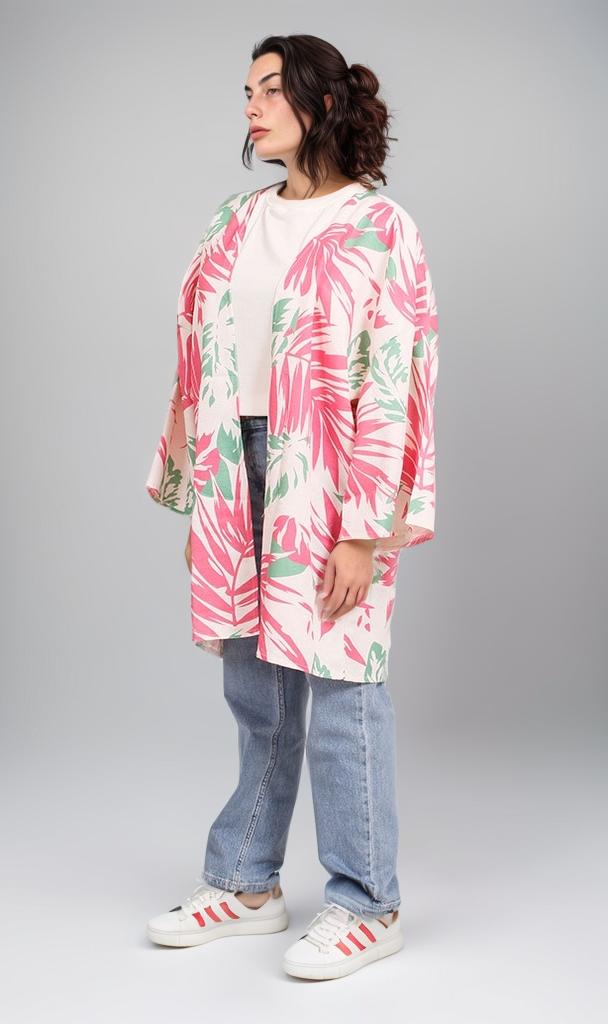 R208483 - Floral Printed Linen Kimono - Pink & Green