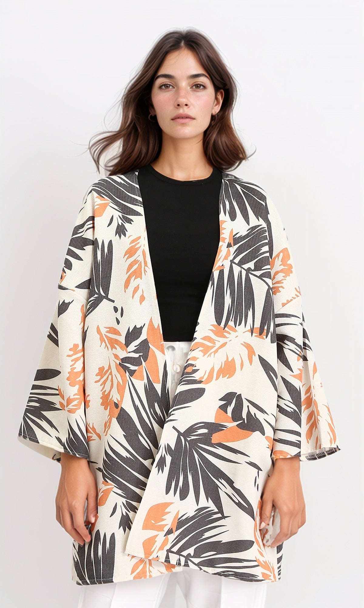 Patterned Long Sleeves Summer Cardigan - Dark Grey & Orange