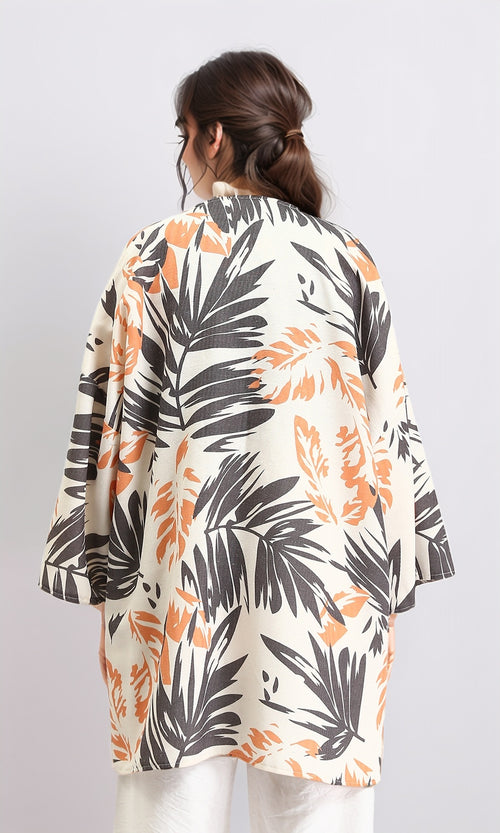 R208484 - Patterned Long Sleeves Summer Cardigan - Dark Grey & Orange