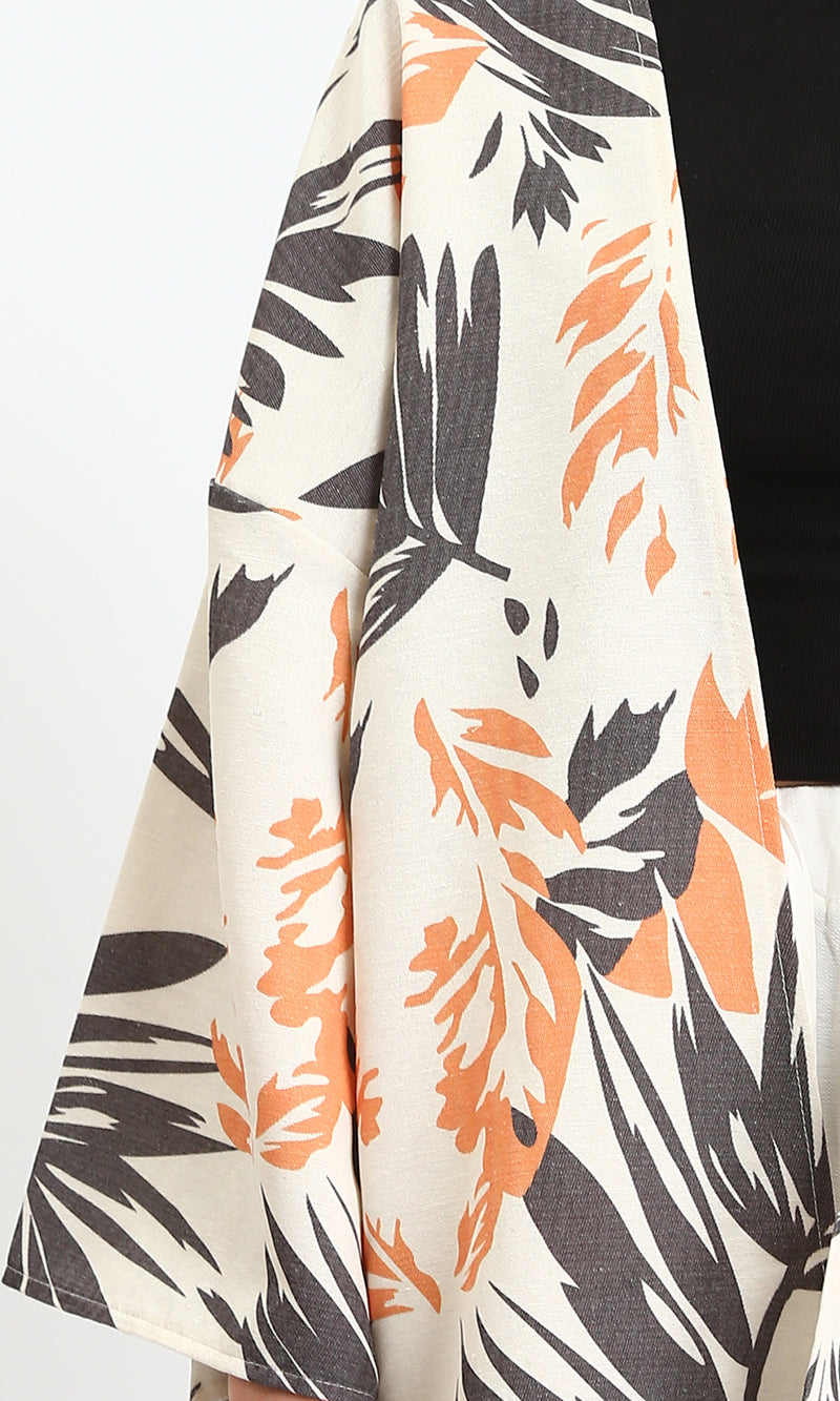 R208484 - Patterned Long Sleeves Summer Cardigan - Dark Grey & Orange