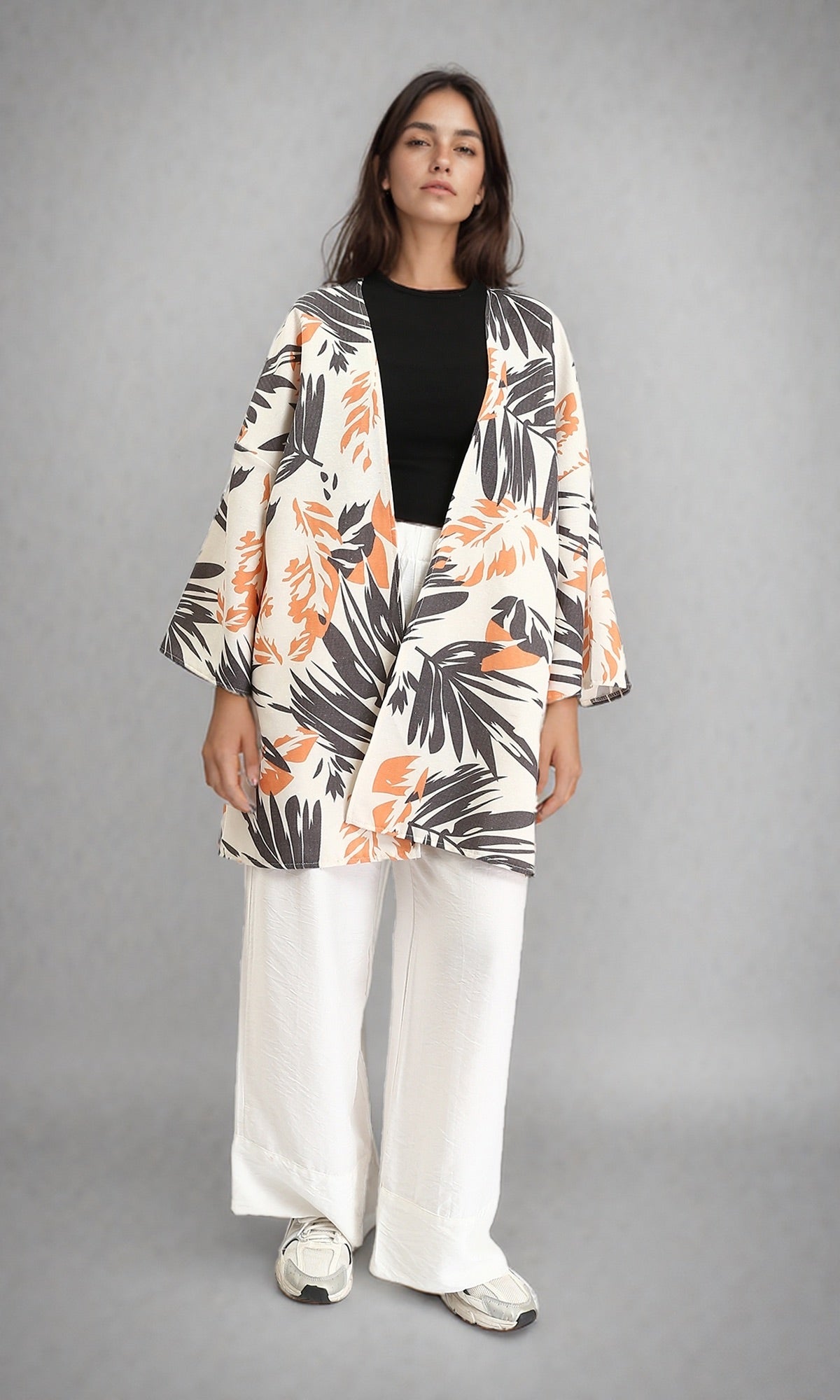 R208484 - Patterned Long Sleeves Summer Cardigan - Dark Grey & Orange