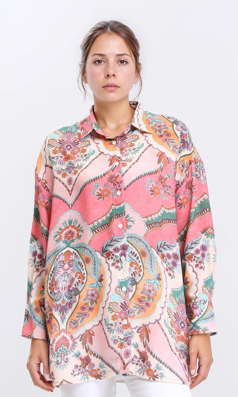 R208485 - Colorful Floral Long Sleeves Shirt - Multicolor