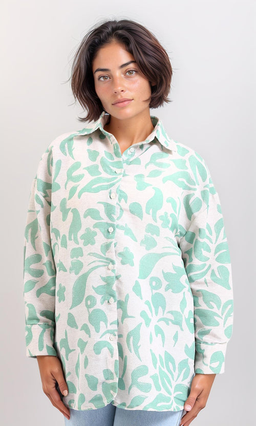 R208486 - Long Sleeves Floral Buttoned Shirt - Mint & Beige