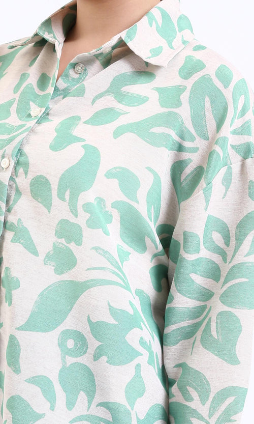 R208486 - Long Sleeves Floral Buttoned Shirt - Mint & Beige