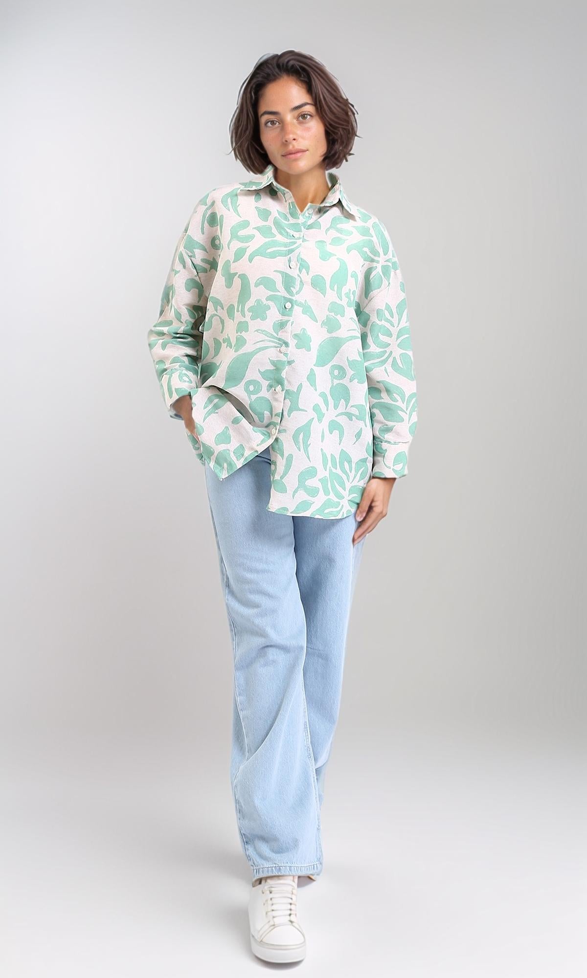 R208486 - Long Sleeves Floral Buttoned Shirt - Mint & Beige