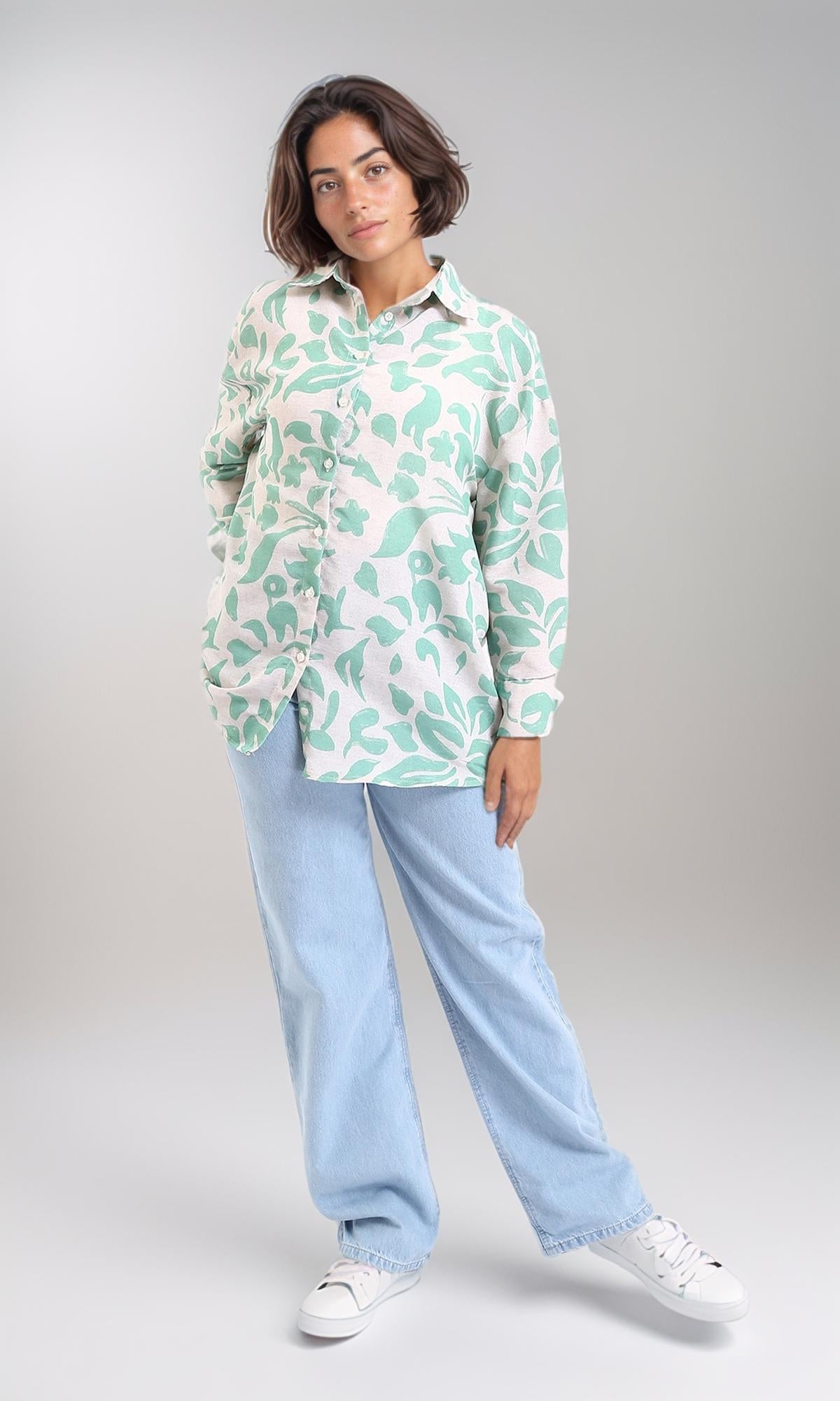 R208486 - Long Sleeves Floral Buttoned Shirt - Mint & Beige