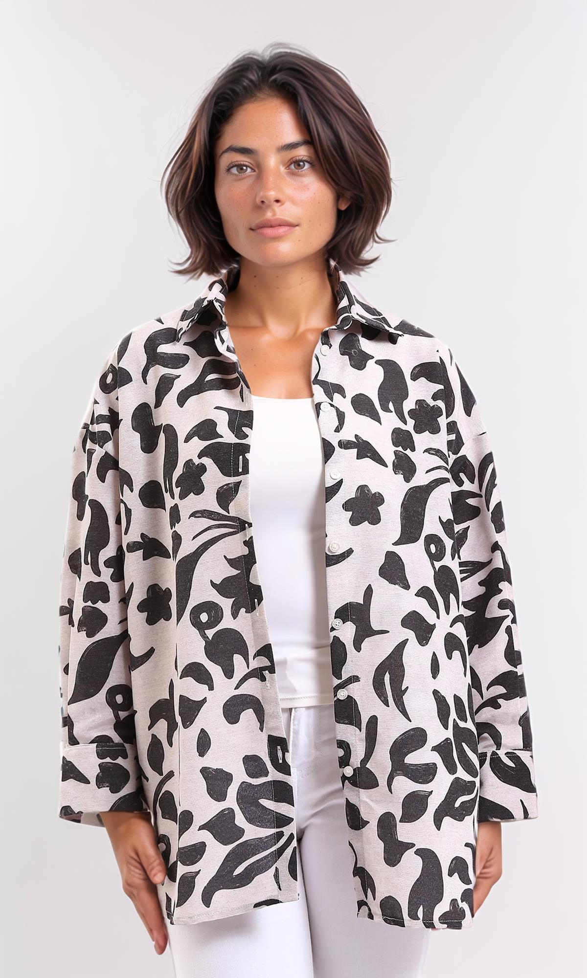 Long Sleeves Floral Buttoned Shirt - Black & Beige