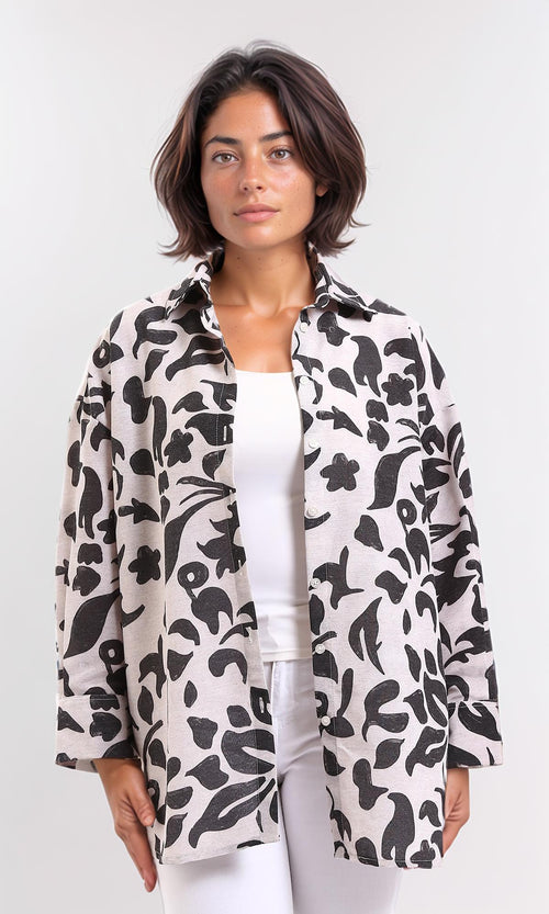 R208487 - Long Sleeves Floral Buttoned Shirt - Black & Beige