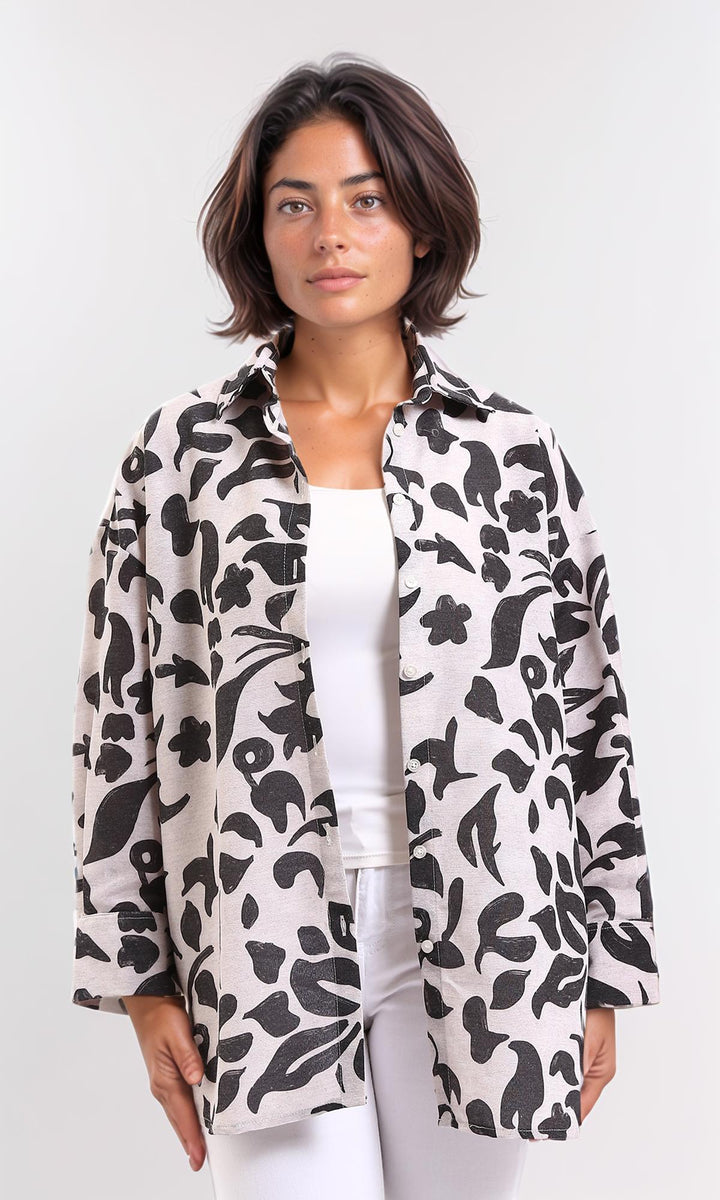 Long Sleeves Floral Buttoned Shirt - Black & Beige
