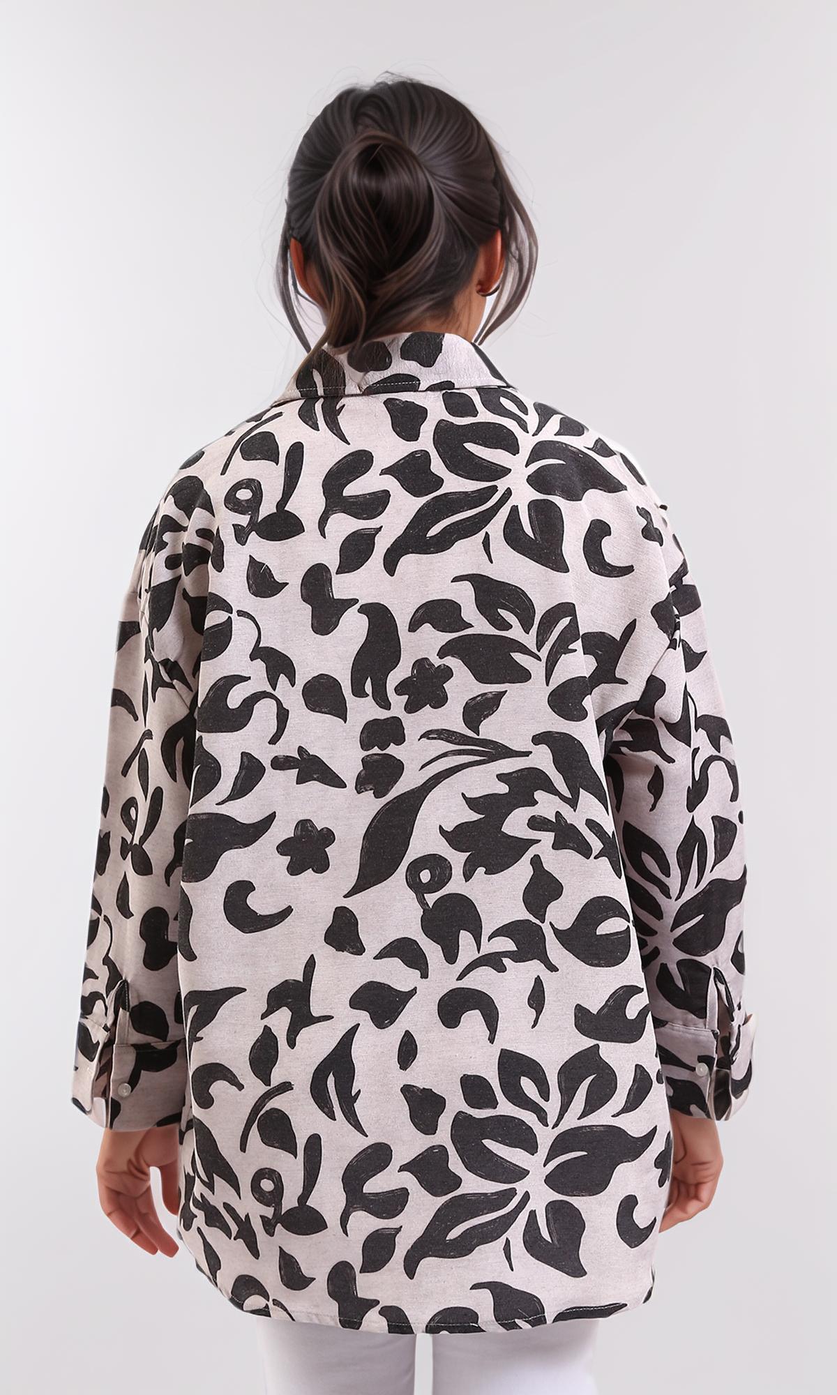 R208487 - Long Sleeves Floral Buttoned Shirt - Black & Beige