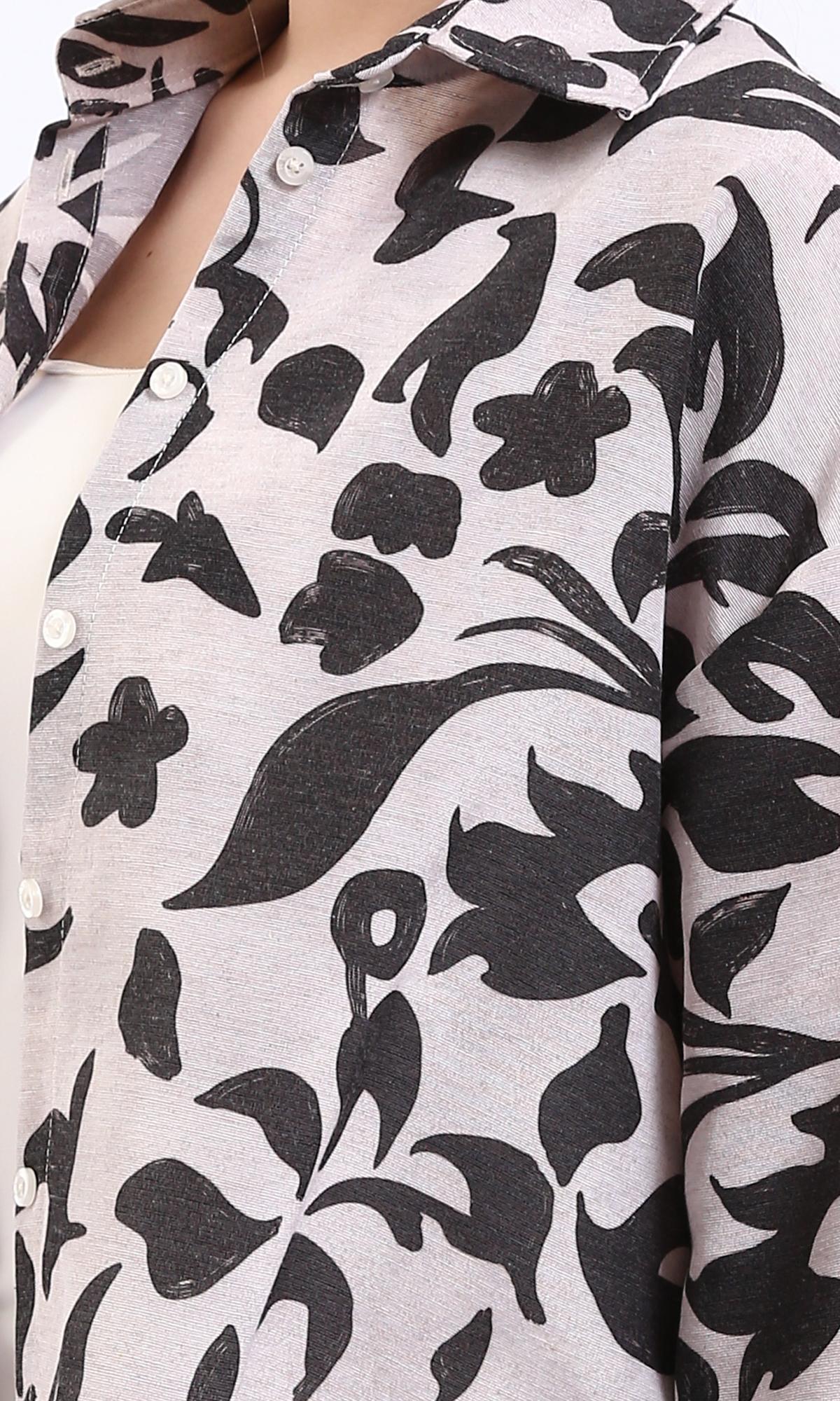 R208487 - Long Sleeves Floral Buttoned Shirt - Black & Beige
