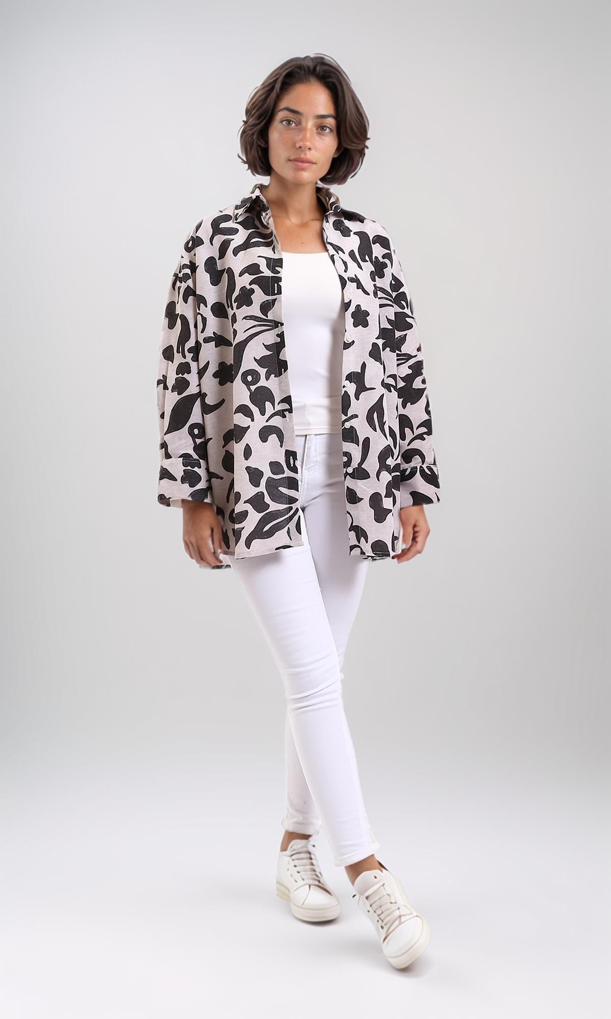 R208487 - Long Sleeves Floral Buttoned Shirt - Black & Beige