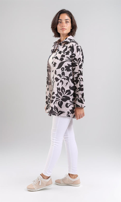 R208487 - Long Sleeves Floral Buttoned Shirt - Black & Beige