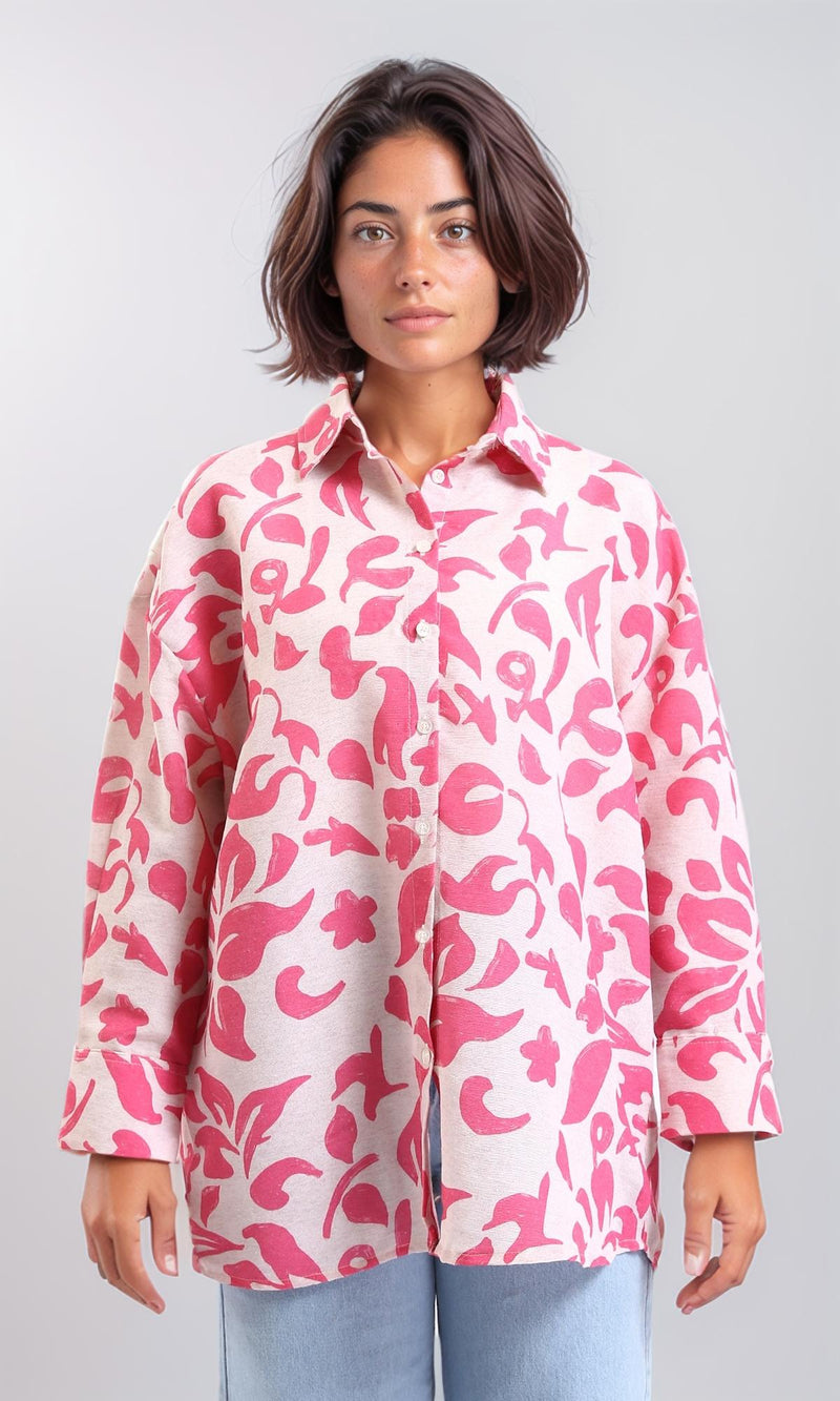 R208488 - Long Sleeves Floral Buttoned Shirt - Fuchsia & Beige
