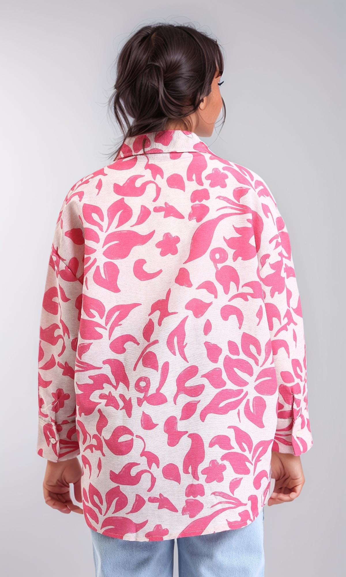 R208488 - Long Sleeves Floral Buttoned Shirt - Fuchsia & Beige