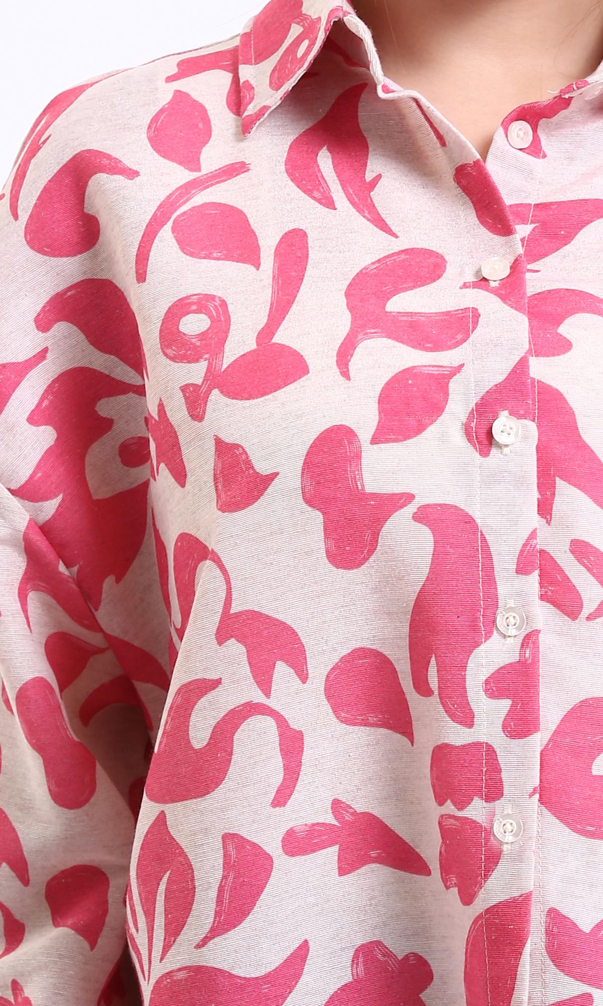 R208488 - Long Sleeves Floral Buttoned Shirt - Fuchsia & Beige