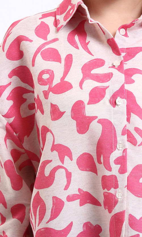R208488 - Long Sleeves Floral Buttoned Shirt - Fuchsia & Beige