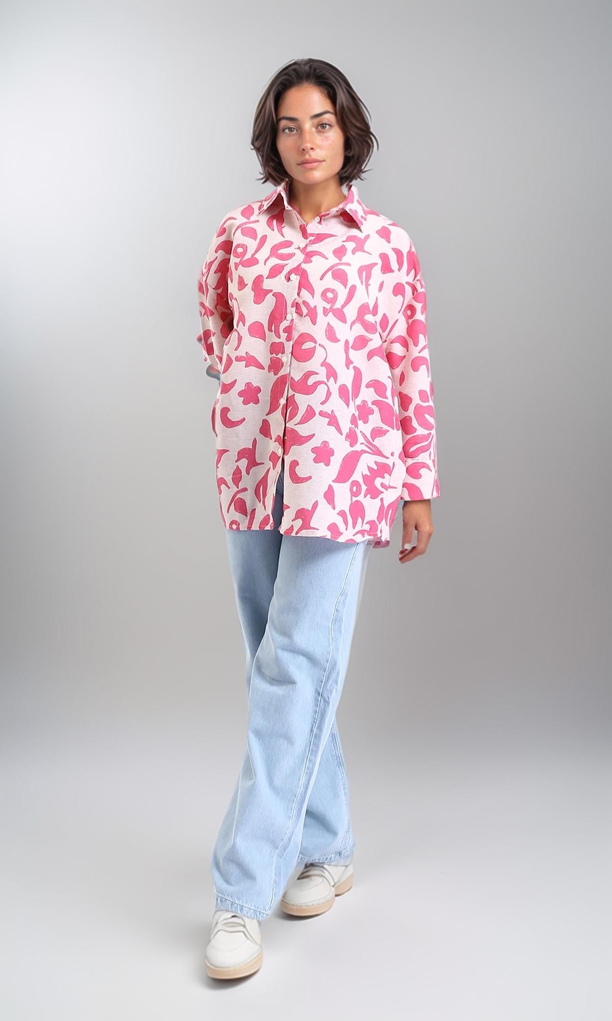 R208488 - Long Sleeves Floral Buttoned Shirt - Fuchsia & Beige