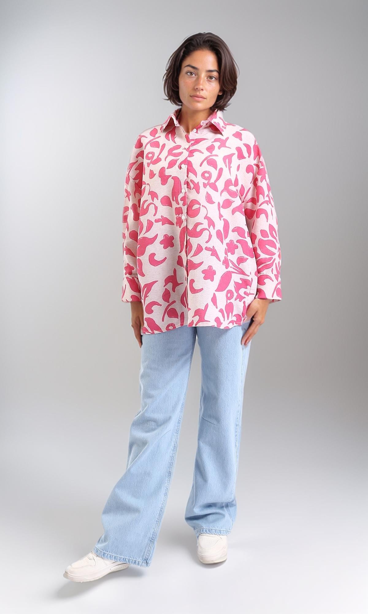 R208488 - Long Sleeves Floral Buttoned Shirt - Fuchsia & Beige